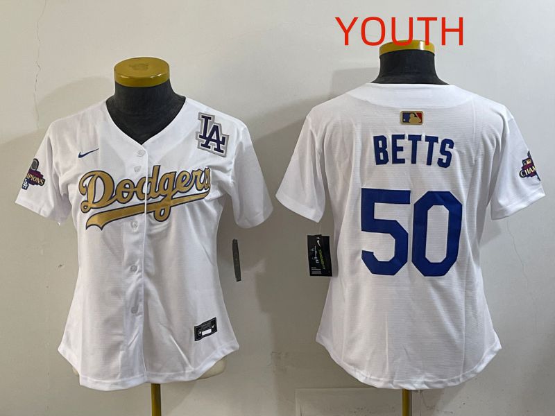 Youth Los Angeles Dodgers #50 Betts White Champion edition Nike MLB Jersey style 005->youth mlb jersey->Youth Jersey